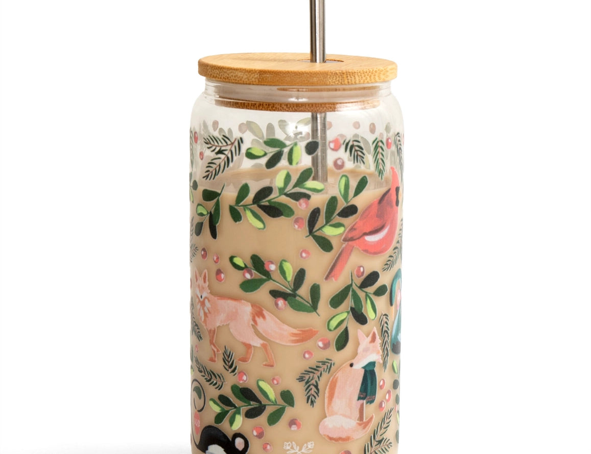 1canoe2 Woodland Animals Glass Can with a bamboo lid and straw, printed with a fox and deer among foliage