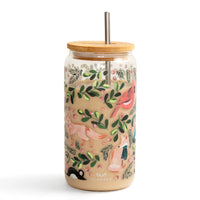 1canoe2 Woodland Animals Glass Can with a bamboo lid and straw, printed with a fox and deer among foliage