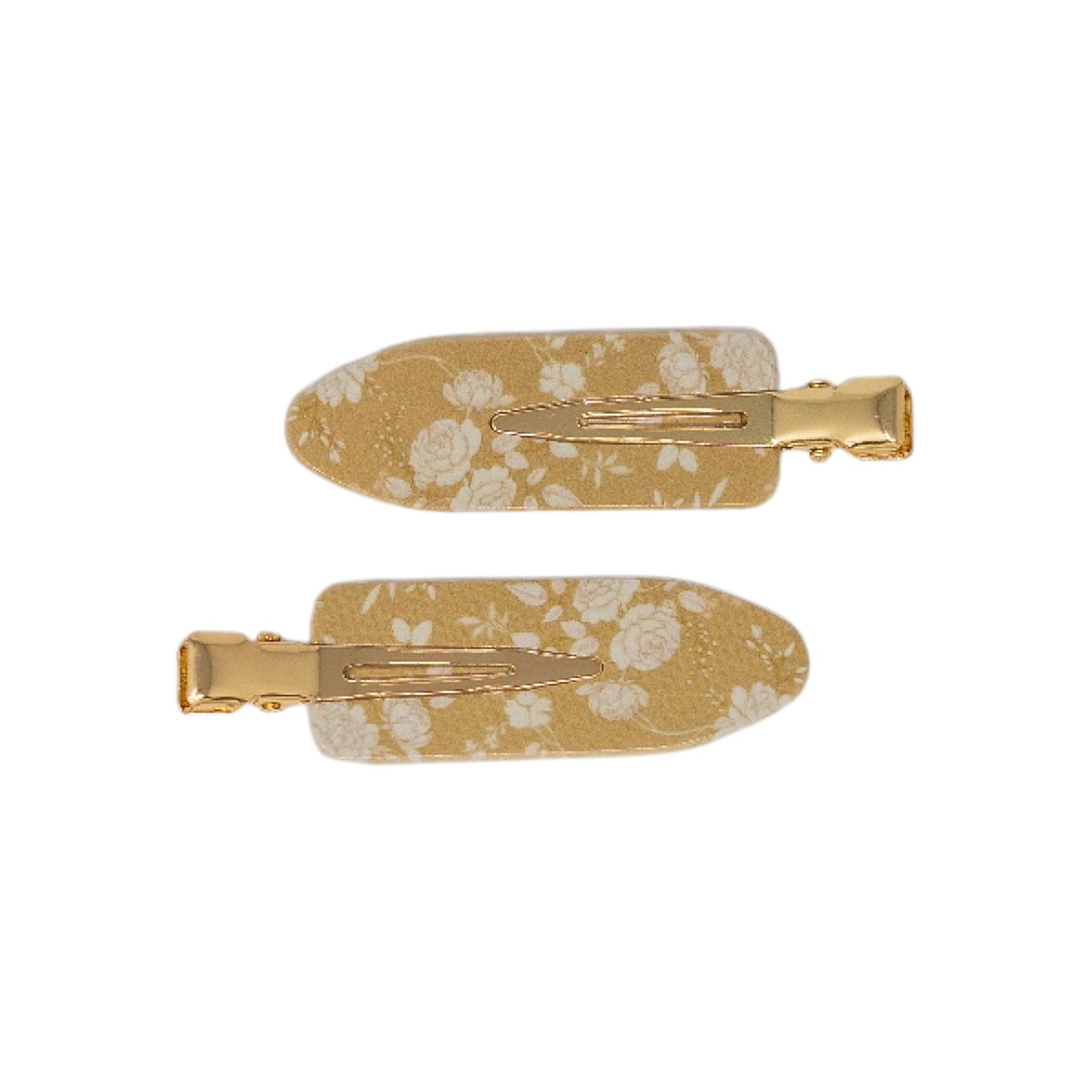 2 pack snap hair clips in Canyon Rose, a matching pair of acrylic clips printed with white roses and daisies on a warm clay rose ground, with gold tone metal hardware, on a white background.