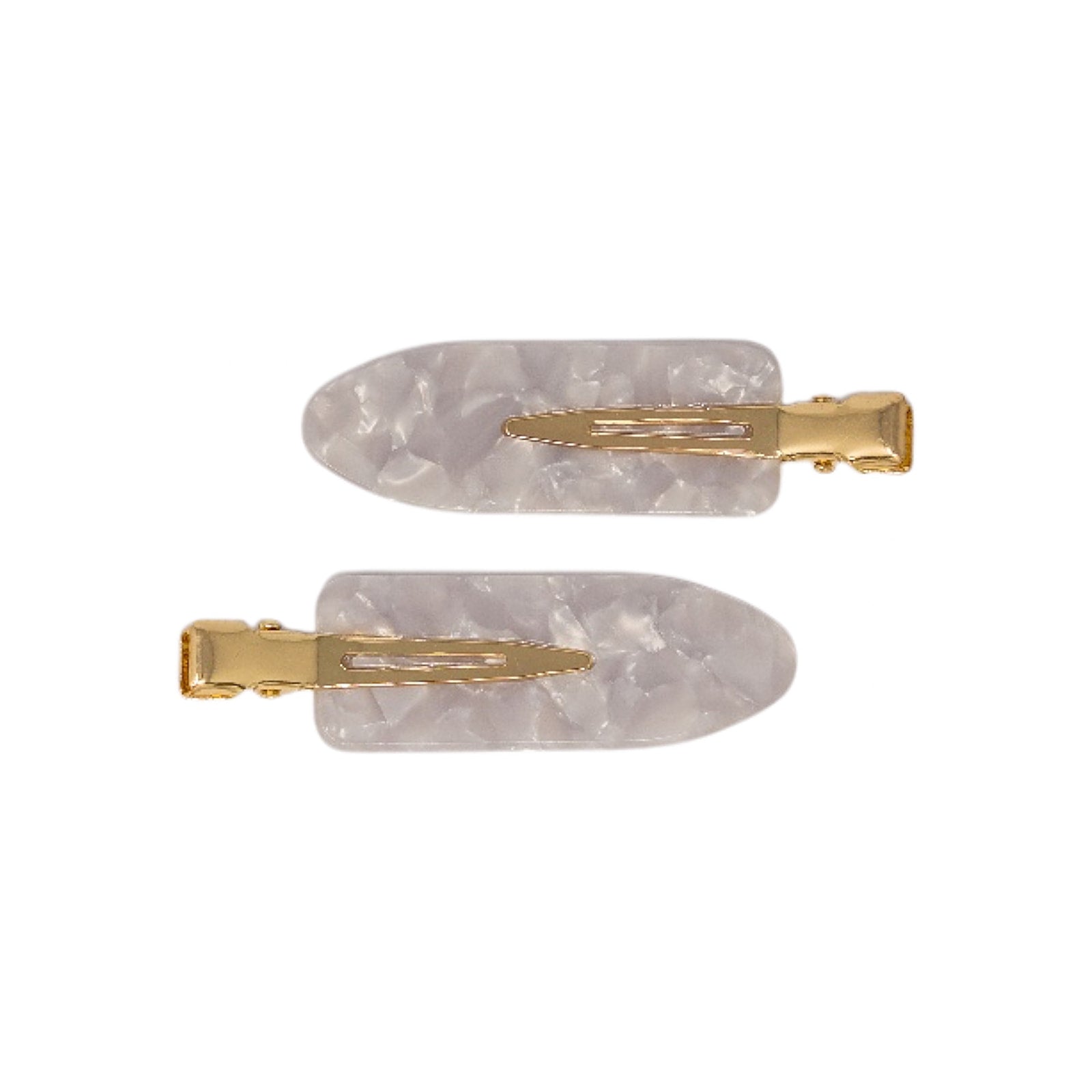 2 pack snap hair clips in Pearl, a matching pair of marbled cream and grey acrylic clips with gold tone metal hardware, on a white background.