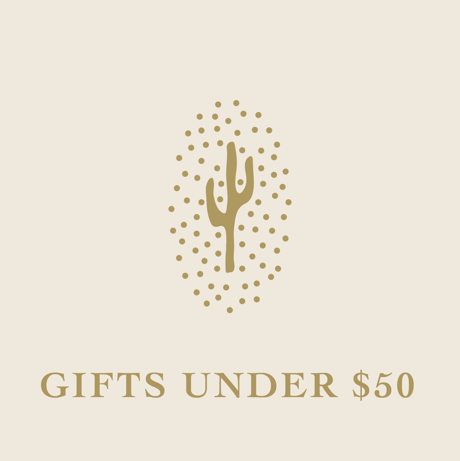 Gifts Under $50 graphic with cactus and polka dots illustration 