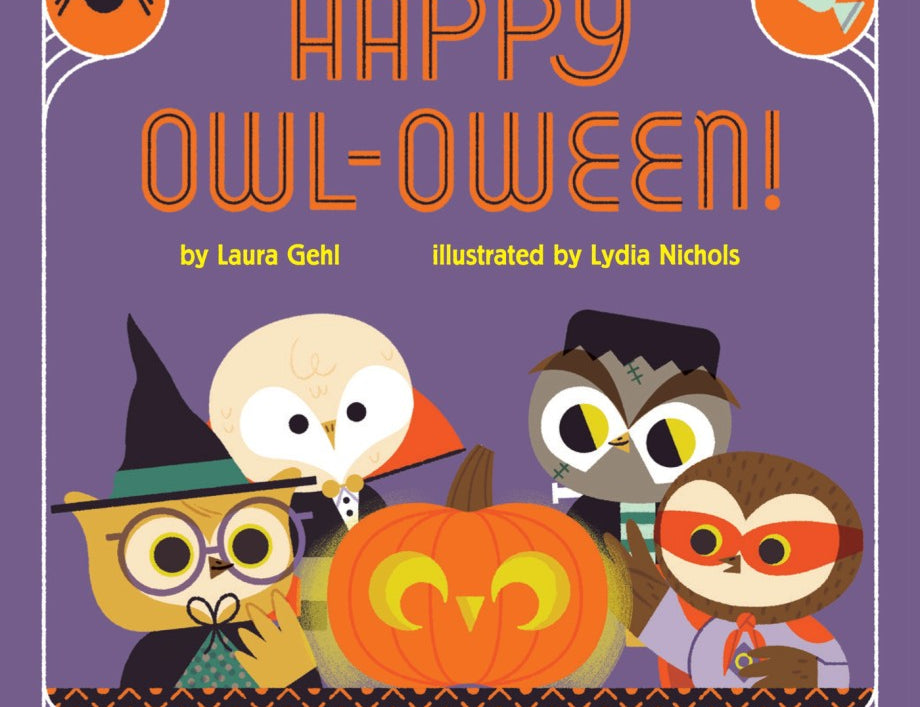 Happy Owl-oween Story Board Book, purple cover with four owls in Halloween costumes gathered around a carved pumpkin