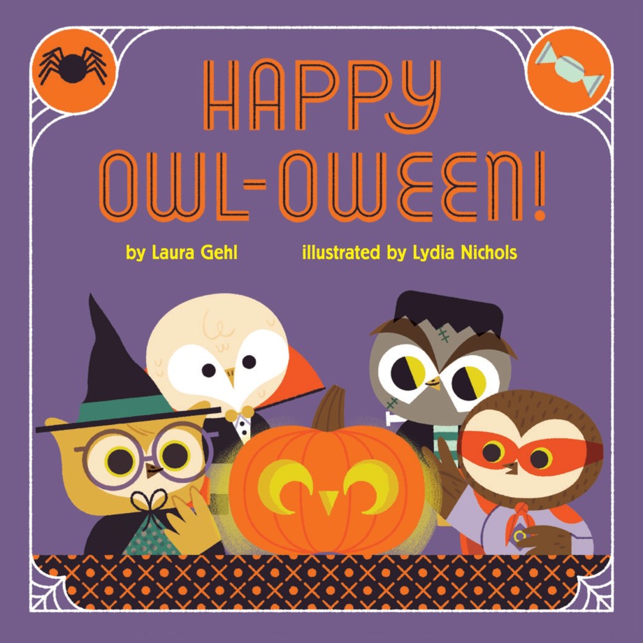 Happy Owl-oween Story Board Book, purple cover with four owls in Halloween costumes gathered around a carved pumpkin