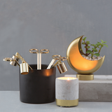 Brown vase holding three Golden Candle Snuffers by Designworks and set on desk by candle and moon planter.