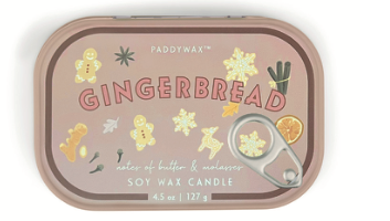Gingerbread Bistro Printed Tin Candle, pink printed tin with gingerbread cookies and a pull ring, labeled with notes of butter and molasses