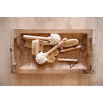 White bristle Beech Wood Dish Brush with Leather Strap and other cleaning brushes by Creative Co-Op in wooden tray.