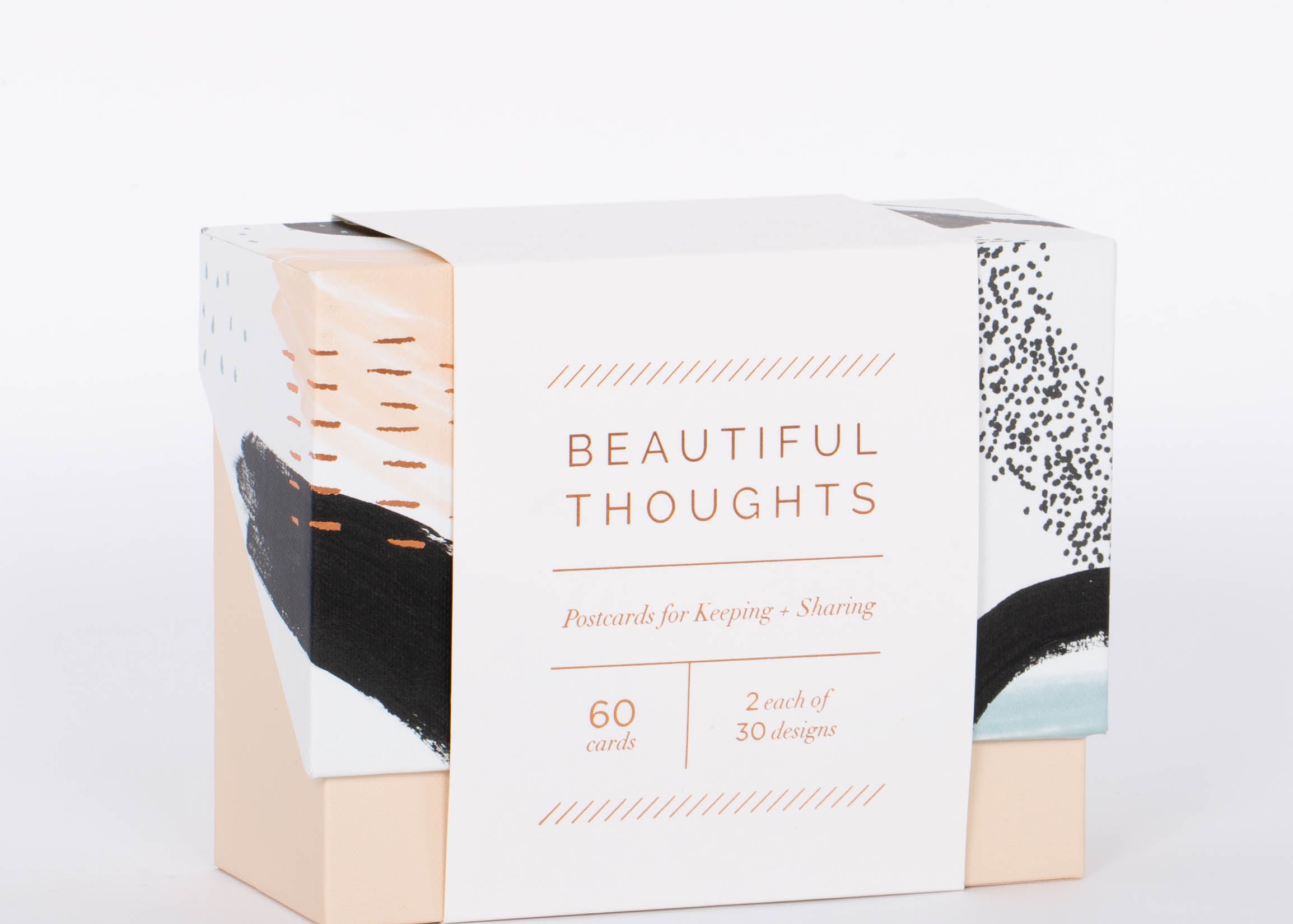Pink, black, and white brush stroke patterned box of 60 Beautiful Thoughts Postcards by Compendium. White background.