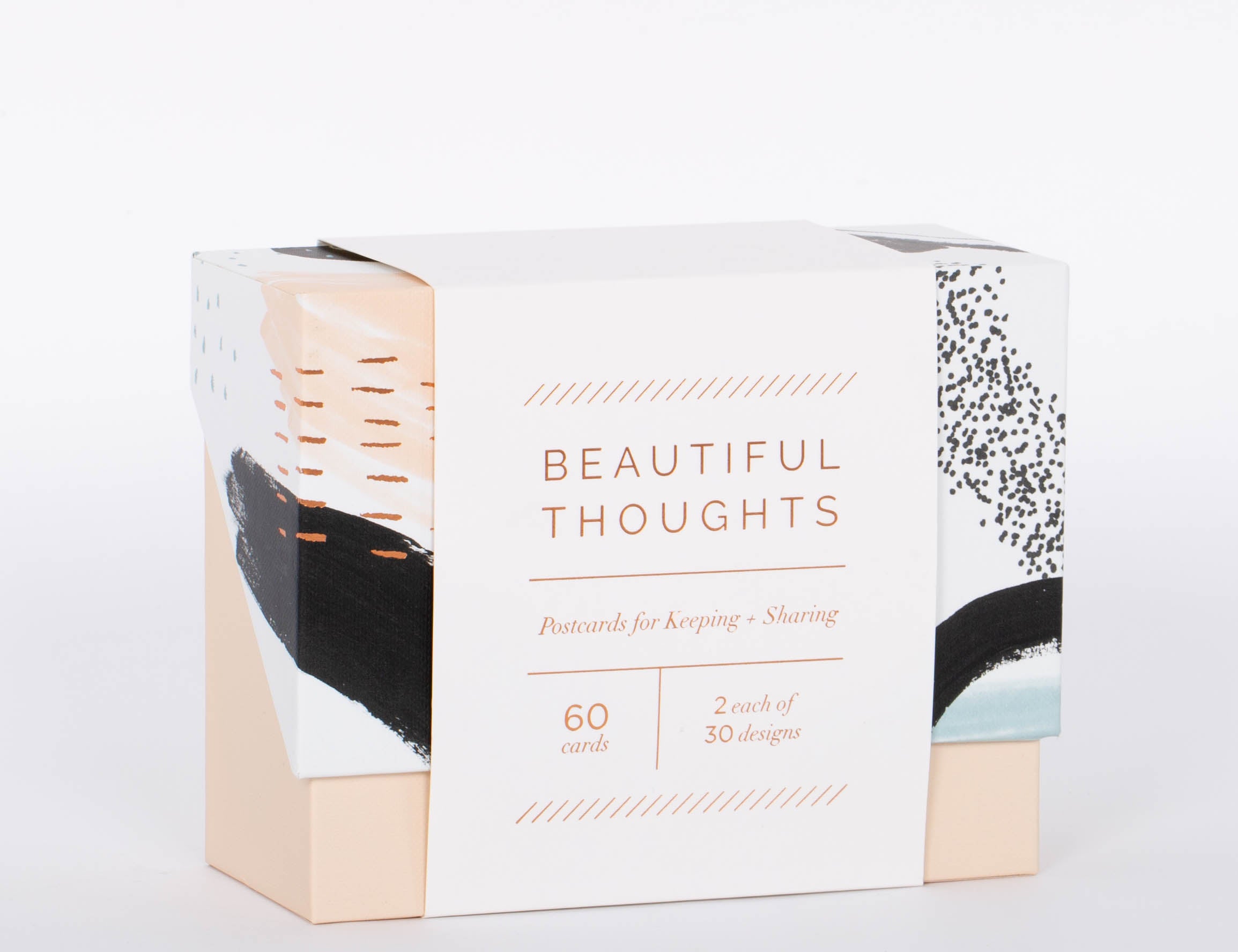 Pink, black, and white brush stroke patterned box of 60 Beautiful Thoughts Postcards by Compendium. White background.