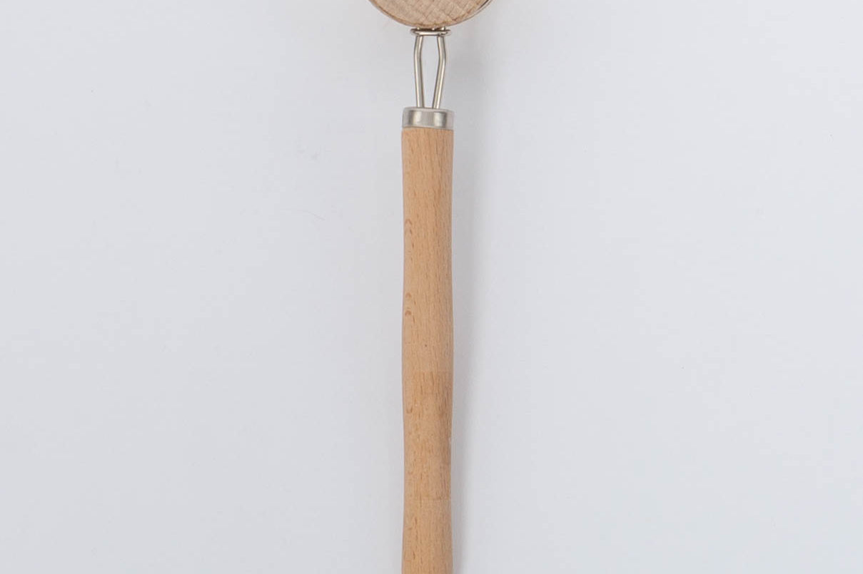 Beech Wood Flat Dish Brush with Leather Strap and silver accents for hard to reach places with angled head and nine inch handle. Brush facing down vertical view on white background.
