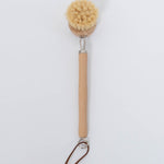 Beech Wood Flat Dish Brush with Leather Strap and silver accents for hard to reach places with angled head and nine inch handle.