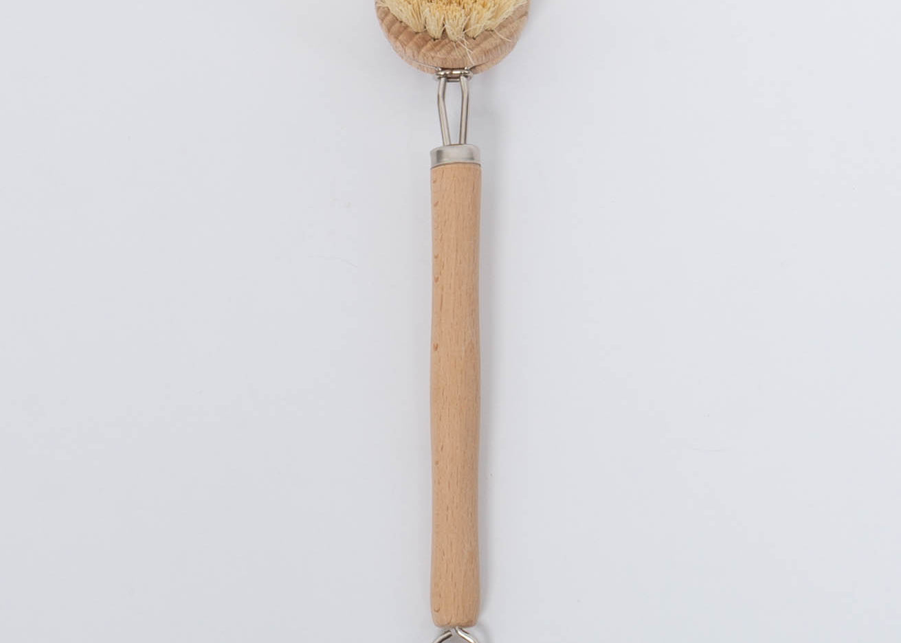 Beech Wood Flat Dish Brush with Leather Strap and silver accents for hard to reach places with angled head and nine inch handle.