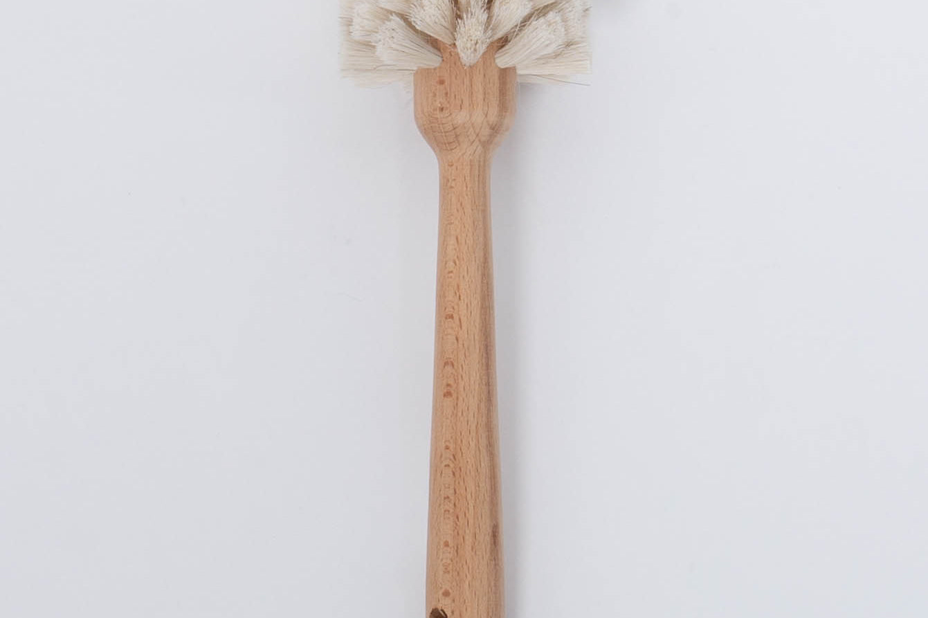 White bristle Beech Wood Dish Brush with Leather Strap by Creative Co-Op.