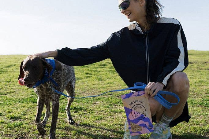 Woman with a dog on a leash in a grassy field