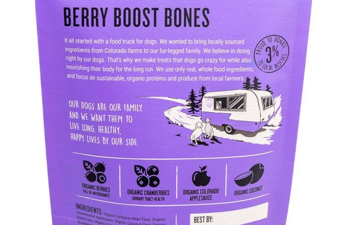 Purple package of Berry Boost Bones from Winnie Lou The Canine Co on a white background