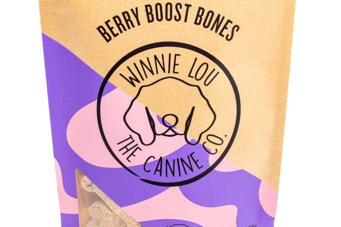 Dog treat package with 'Winnie Lou & The Canine Co.' branding on a white background