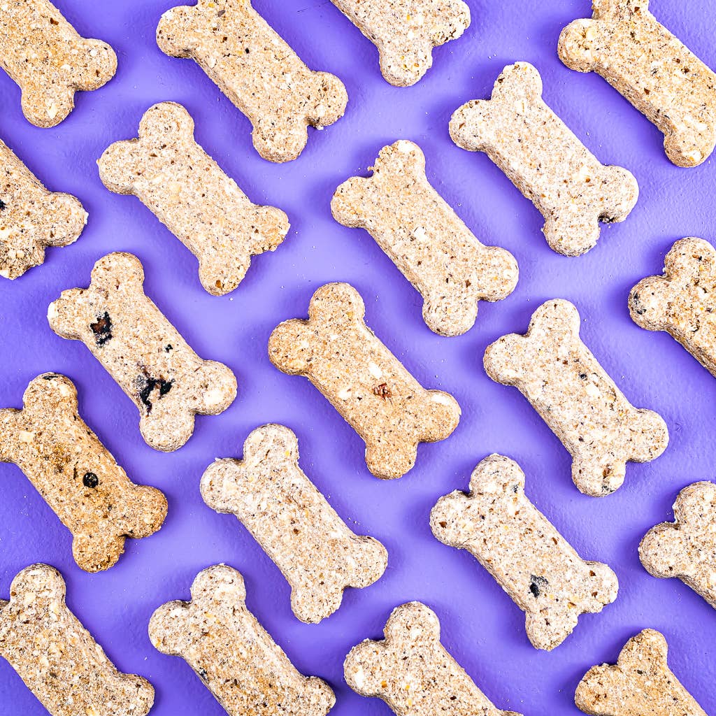Dog bone-shaped treats on a purple background