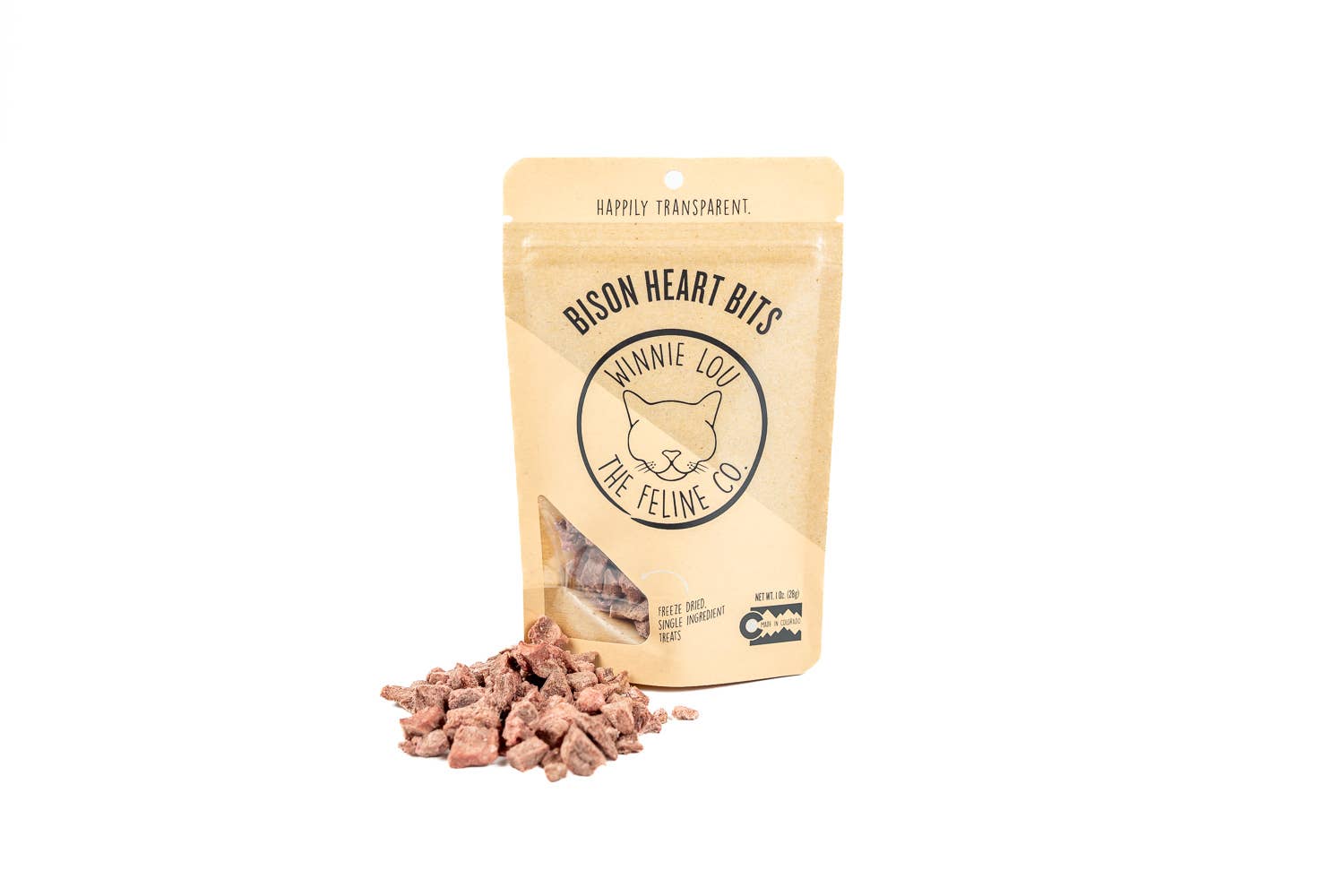 Bag of bison heart bits with visible brand logo on a white background