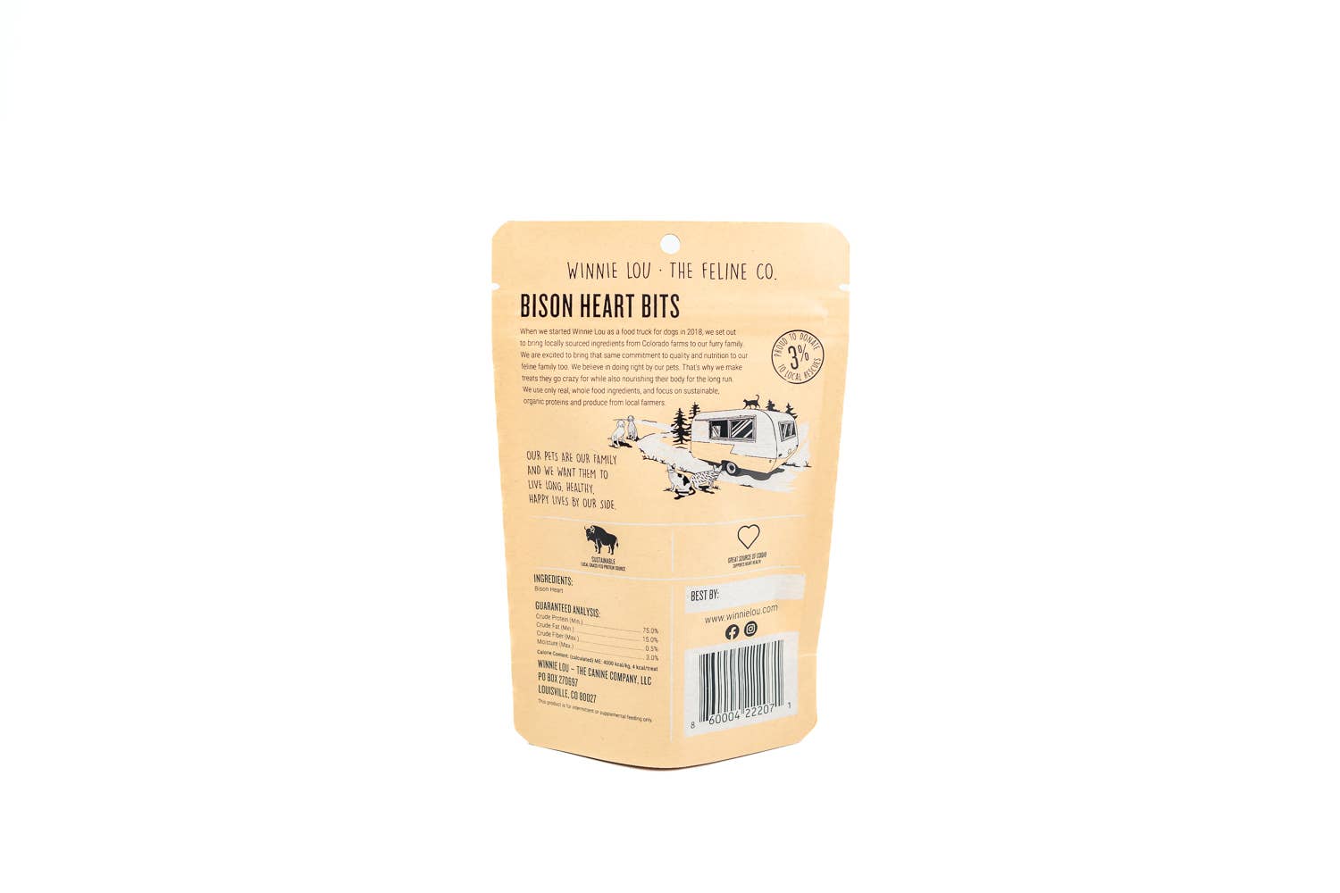 Packaging of bison heart bits for pets on a white background