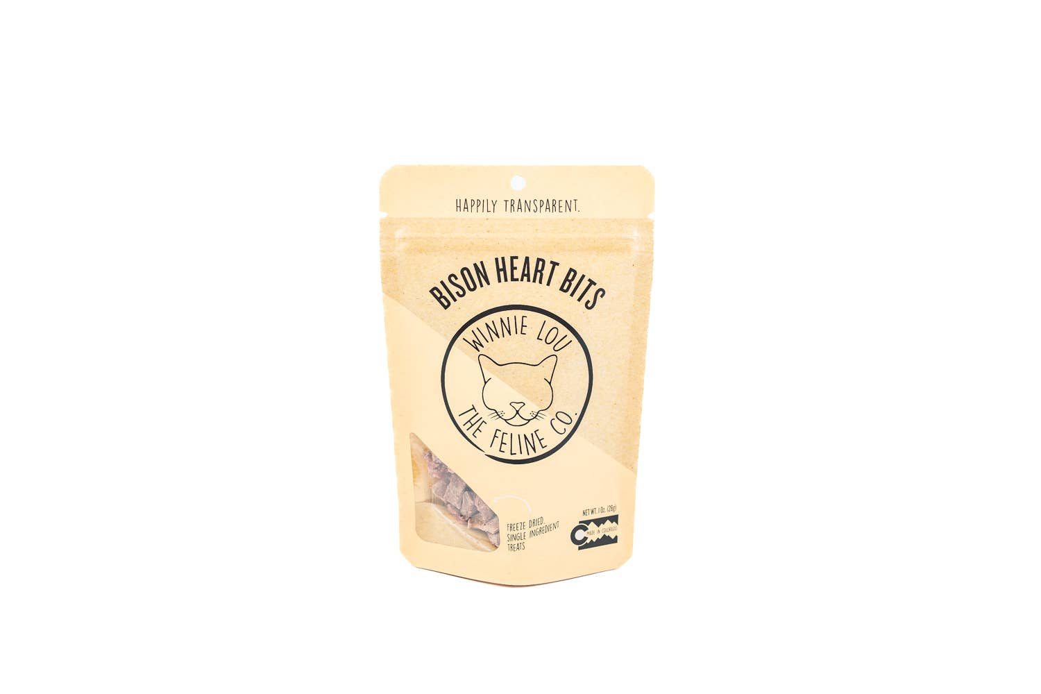 Package of Bison Heart Bits for cats on a white background