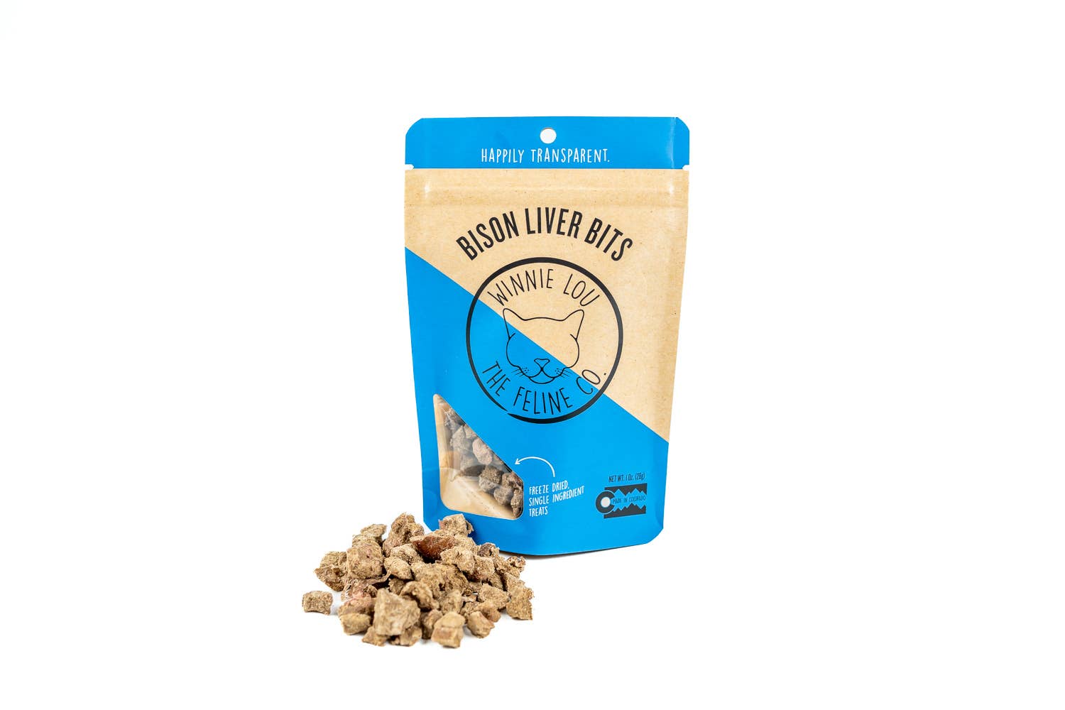 Package of Winnie Lou Feline Liver Treats with visible treats on a white background