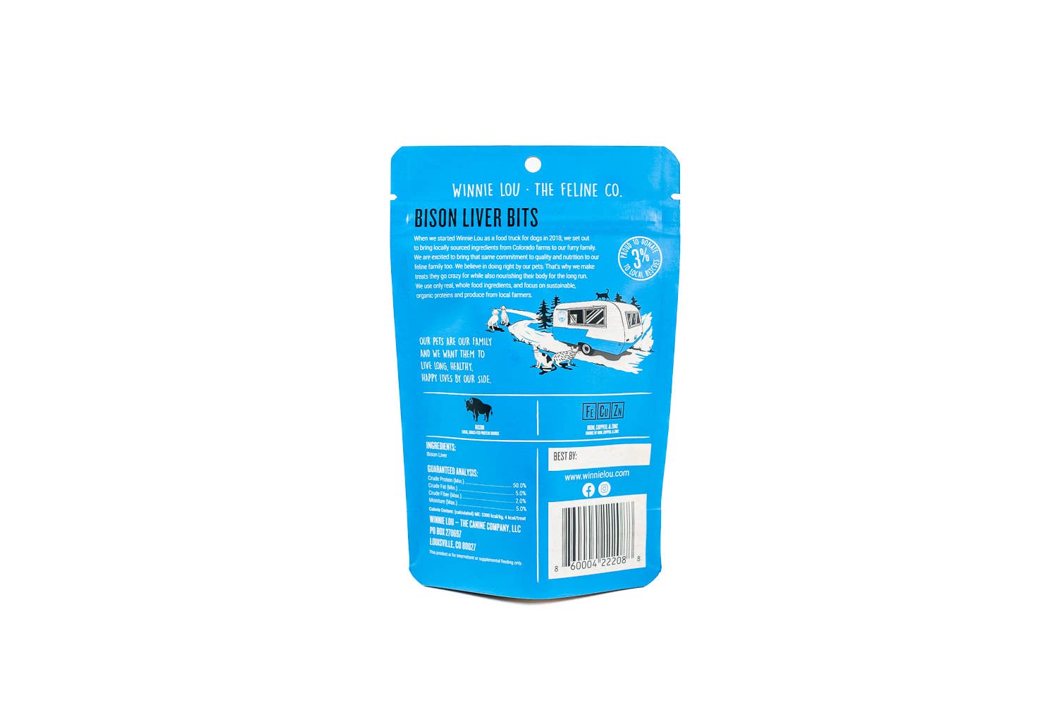 Blue package of Bison Liver Bits on a white background