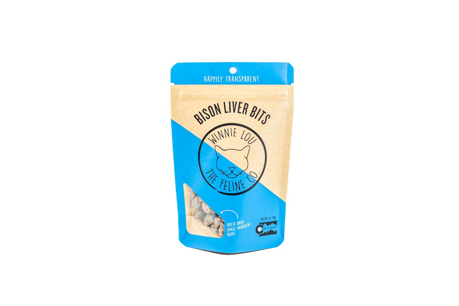 Package of Bison Liver Bits for cats with a blue and beige design on a white background