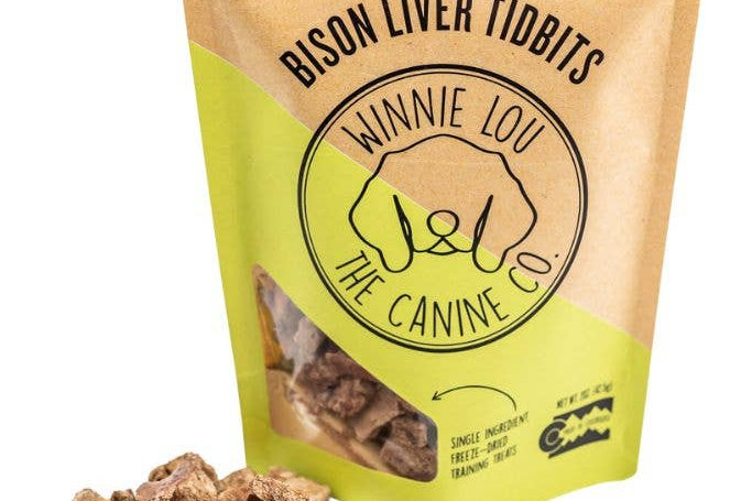 Package of Bison Liver Tidbits with visible contents on a white background