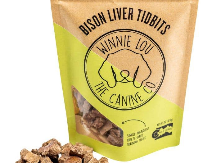 Package of Bison Liver Tidbits with visible contents on a white background