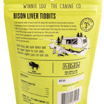 Yellow package of Winnie Lou The Canine Co. Bison Liver Tidbits with text and graphics on a white background
