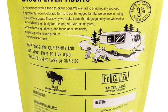 Yellow package of Winnie Lou The Canine Co. Bison Liver Tidbits with text and graphics on a white background