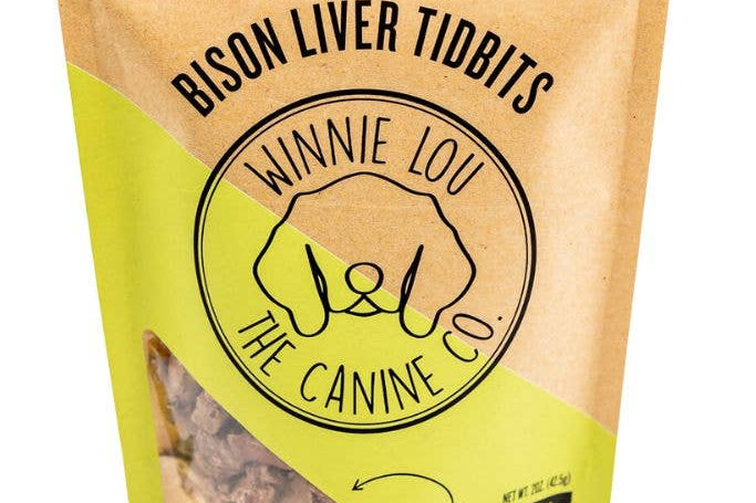 Package of Bison Liver Tidbits by Winnie Lou the Canine Co. on a white background