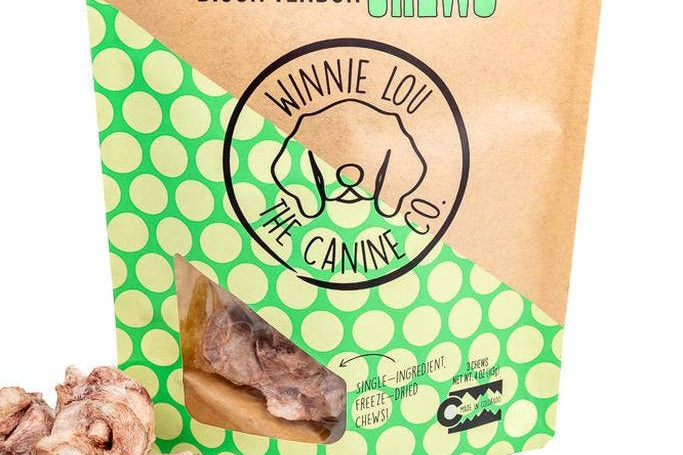 Packaging of Bison Tendon Chews with visible brand logo on a white background
