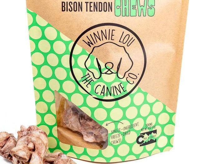 Packaging of Bison Tendon Chews with visible brand logo on a white background