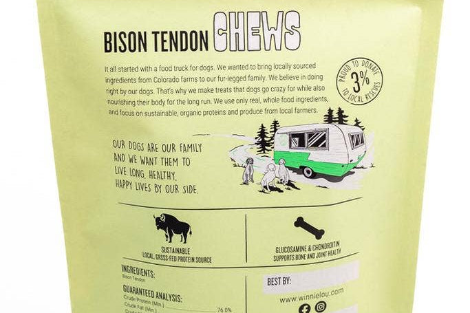 Winnie Lou The Canine Co. Bison Tendon Chews packaging on a white background