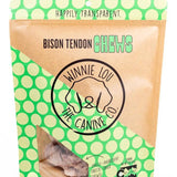 Package of bison tendon chews with Winnie Lou the Canine Co branding on a green and beige background.