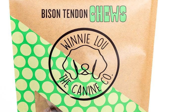 Package of bison tendon chews with Winnie Lou the Canine Co branding on a green and beige background.