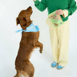 Woman in green sweater and yellow pants standing next to a brown dog wearing a blue bandana on a white background