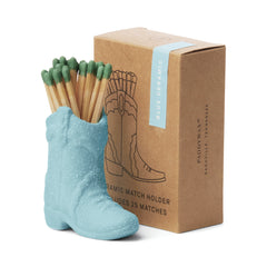 Blue ceramic cowboy boot match holder with colorful safety matches