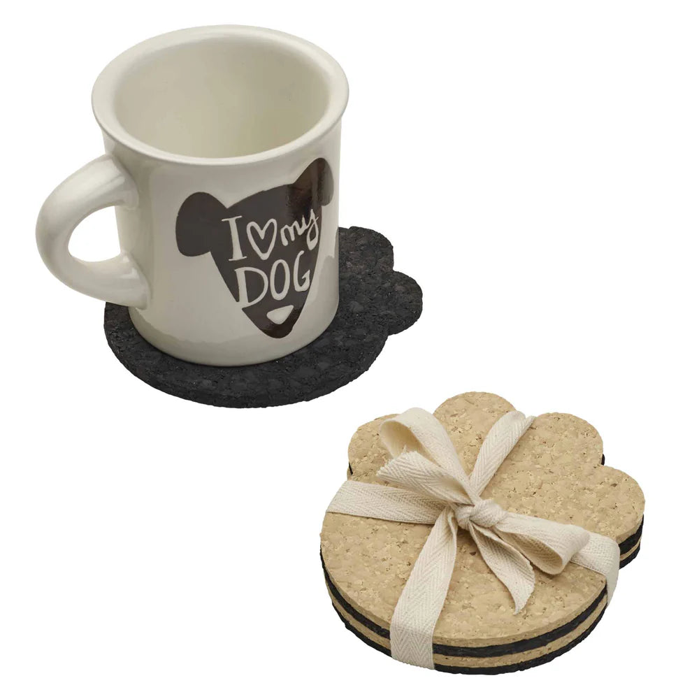 100% Recycled Dog Paw Rubber Coaster Set in tan and black by Ore Originals and I Love My Dog mug. 