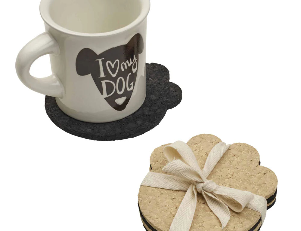 100% Recycled Dog Paw Rubber Coaster Set in tan and black by Ore Originals and I Love My Dog mug. 