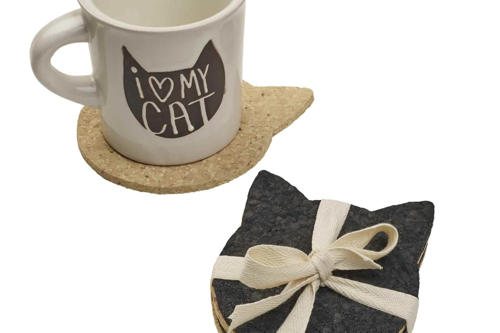 100% Recycled Cat Head Rubber Coaster Set in tan and black by Ore Originals and I Love My Cat mug. 