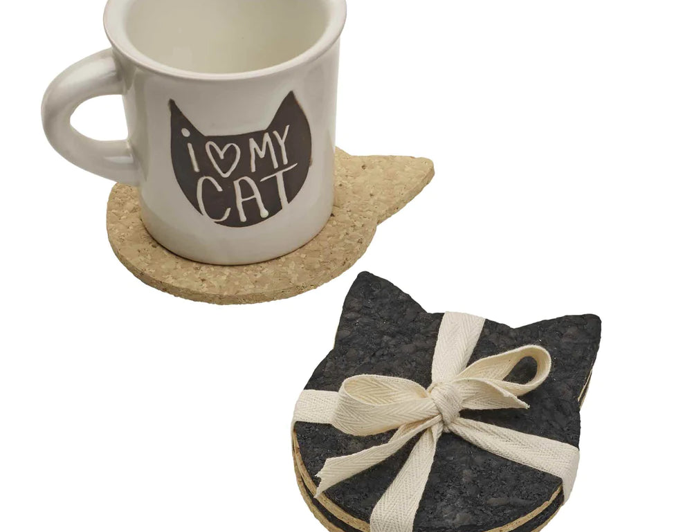 100% Recycled Cat Head Rubber Coaster Set in tan and black by Ore Originals and I Love My Cat mug. 