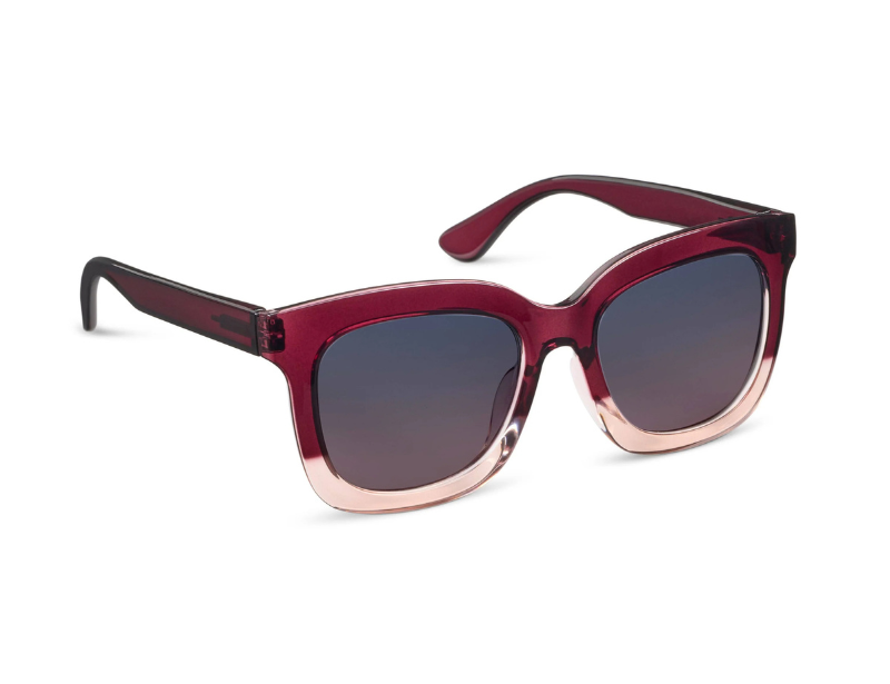 Sunglasses with a maroon frame and dark lenses on a white background