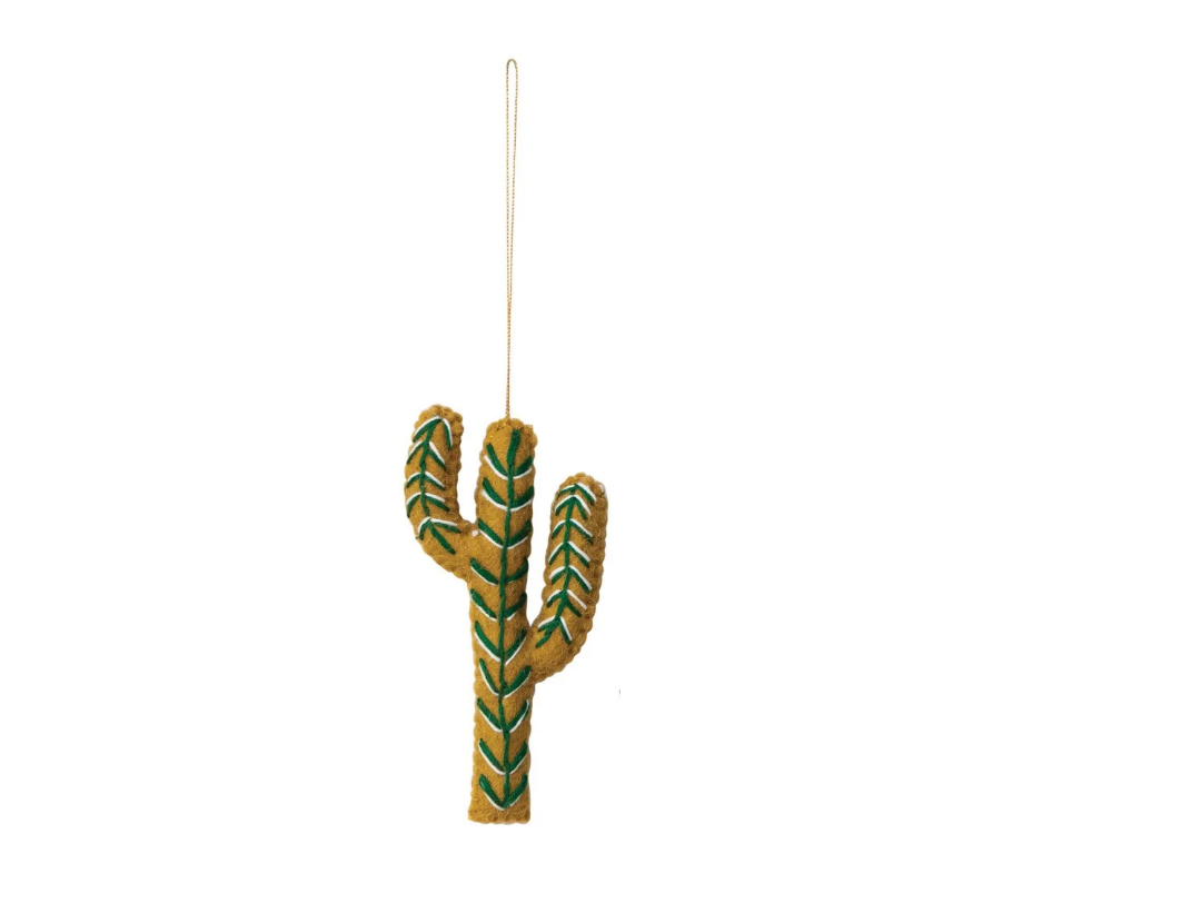 Wool Felt Cactus Ornament, olive green cactus with stitched detail on a hanging cord