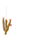 Wool Felt Cactus Ornament, mustard cactus with pink flowers on a hanging cord