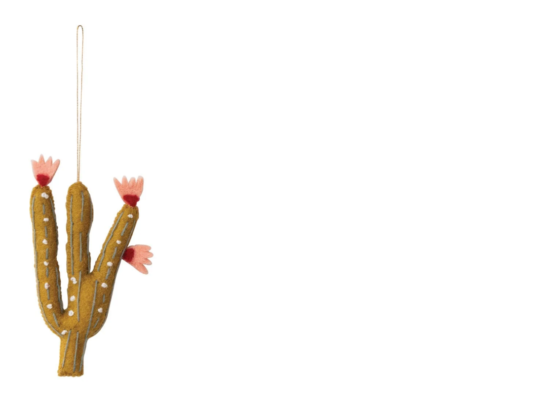 Wool Felt Cactus Ornament, mustard cactus with pink flowers on a hanging cord