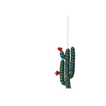 Wool Felt Cactus Ornament, blue green cactus with red blooms on a hanging cord
