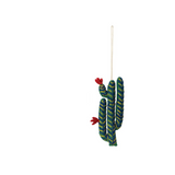 Wool Felt Cactus Ornament, blue green cactus with red blooms on a hanging cord