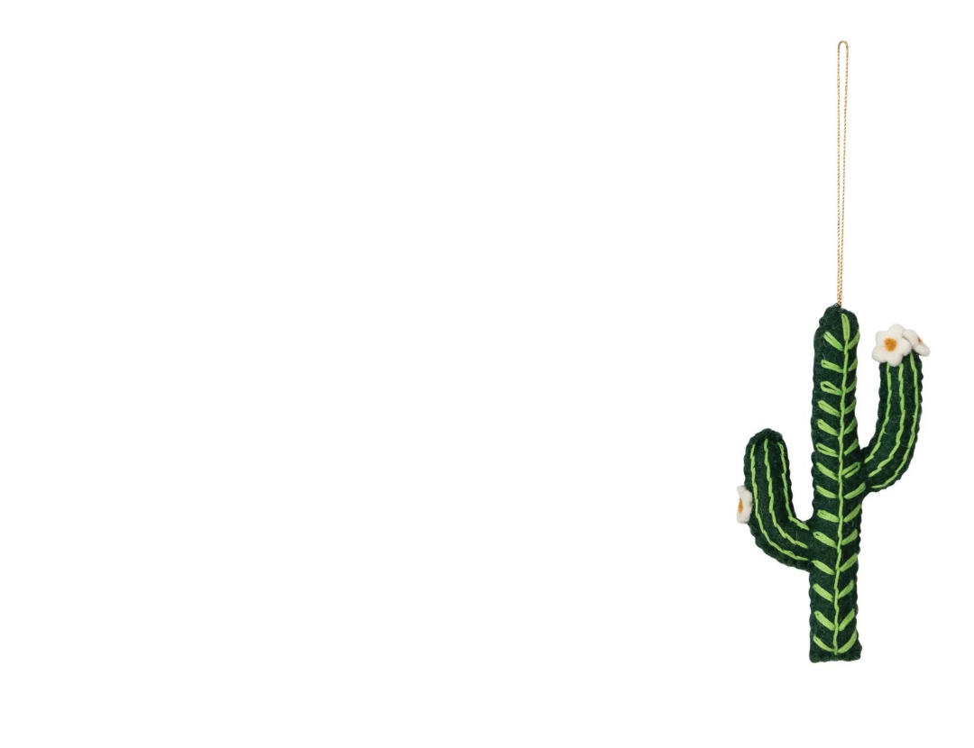 Wool Felt Cactus Ornament, deep green cactus with a white blossom on a hanging cord
