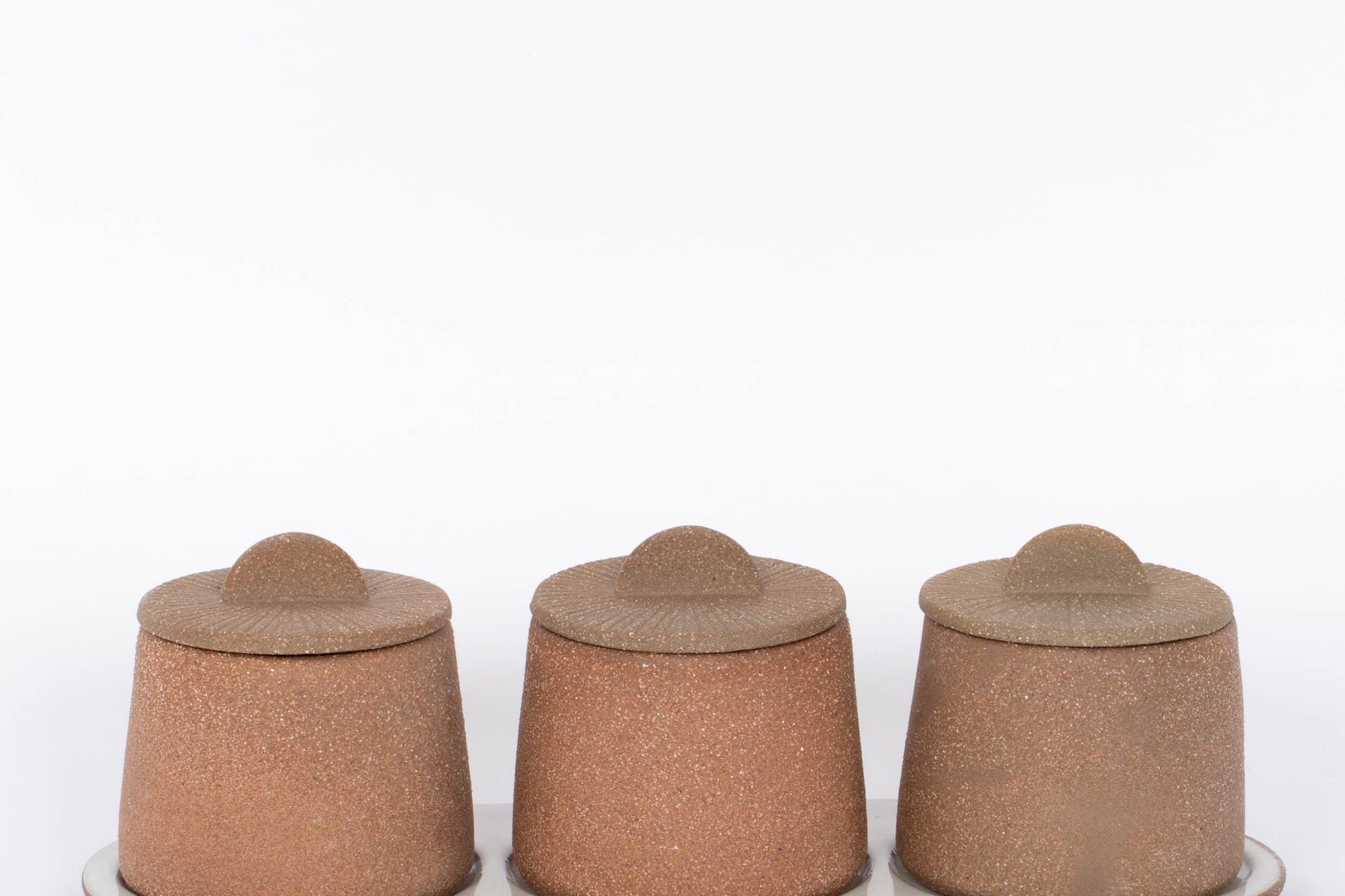 Canyon Decorative Spice Jars by Citrine Set of 3. Crafted from exposed reddish-brown earthenware with white glaze. Paired with tray. White background.